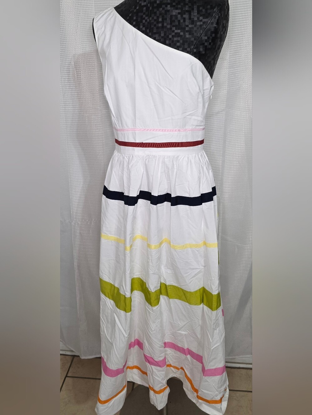 J. Crew White One-Shoulder Maxi Skirt with Multicolor Stripes